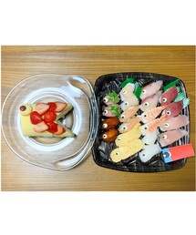 こいのぼり寿司とケーキ🎏 | SARAがチーズのくり抜きお手伝いしてくれました🥰　　　　可愛い工作のこいのぼりも🎏(食器)