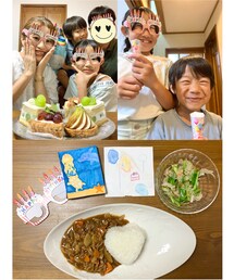 My birthday🎂✨ | クラッカーでお祝いしてくれてびっくり🥳🎉小物やケーキはパパが用意してくれて☺️SARAがピーマンのおかか和えも作ってくれました🥹🫑✨美味しかった😋💓(その他)