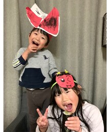 小鬼ちゃん達と恵方巻き👹 | どちらの小鬼ちゃん👹達も可愛い😘　　　　　　　　　　おうちで恵方巻き作って食べました😋(カチューシャ)