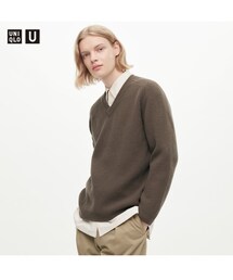 UNIQLO U | プレミアムラムリブVネックセーター  DARK BROWN  XLサイズ(ニット/セーター)