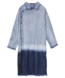 山藥SYAO | 中式侧襟渐变喷染流苏牛仔刺绣领改良旗袍(シャツワンピース)