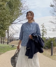 Crea delivery | リネンコットンプリントバンドカラーシャツ (シャツ/ブラウス)