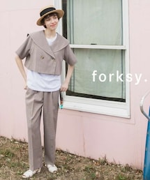 forksy. | チェックセーラーカラーショート丈シャツジャケット&センタープレスパンツセットアップ(スーツセット)