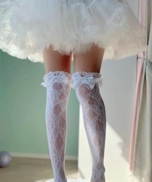 SHEIN | SHEIN/蝶々結びデコレーション レース 膝上ハイソックス(ホワイト)(ソックス/靴下)