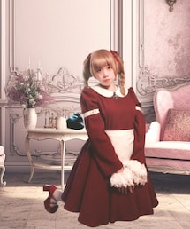 FAVORIC | FAVORIC/オリジナルワンピース・エプロンセット(長袖)のワンピース(キイチゴ/襟オフホワイト/カフスなし)(ワンピース)