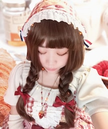 Handmade | ハンドメイド(サークル作)/ラインストーン付き立体苺とパール&カットビーズのネックレス(ゴールド•赤•白系)(ネックレス)