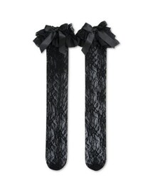 しまむら | しまむら/m♡petit by misako/レディース オーバーニーソックス(青木美沙子)(花レース柄2段レース&リボン付きオーバーニーソックス)(ブラック)(ソックス/靴下)