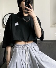 ampm | ワンポイントタグショート丈半袖Ｔシャツ(Tシャツ/カットソー)