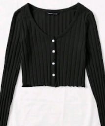 SHEIN | SHEIN EZwear Uネック 長袖 ボタン前開き レタストリム リブニット Tシャツ(Tシャツ/カットソー)