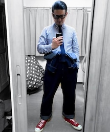 🔸キレイめつなぎコーデ🐷✨ | 🔸タイドアップキレイめコーデ✨ 赤のコンバース がポイント🙋(その他)