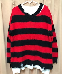 RAW FUDGE | 🔸ローファッジ　グランジボーダーニット(赤黒) ★メルカリ出品中‼️(ニット/セーター)