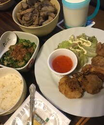 晩ごはん | から揚げ、納豆、オクラポン酢、長芋ときのこのバター醤油(失敗)でした😭(食器/キッチン)