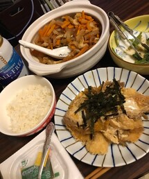 晩ごはん🍚 | チキンカツとじ、納豆、人参と大根の煮物、ほうれん草のおひたしでした(^o^)/(食器/キッチン)