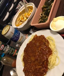 晩ごはん🍚 | ミートスパゲティ、ゆで卵、わかめと大葉の酢の物、かぼちゃサラダでした☺︎(食器/キッチン)