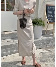 HOTPING | VネックリネンビスコースTシャツ＆スカートSET

(オールインワン・サロペット)