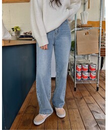 HOTPING | ハイウエスト裏起毛ウォッシュライトデニムパンツ(デニムパンツ)