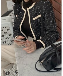 HOTPING | 配色ラインノーカラーノーボタンツイードジャケット(その他アウター)