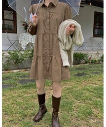 HOTPING | カラーネックコットンティアードボタンミニワンピース

(ワンピース)