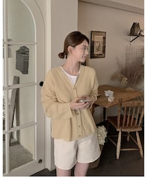 HOTPING | Vネックアクリルリブニットボタンカーディガン(カーディガン/ボレロ)