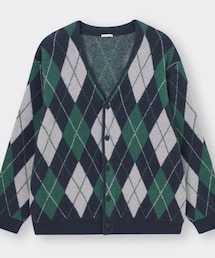 GU | ブラッシュドヤーンカーディガン(長袖)(アーガイル)  NAVY  Lサイズ(カーディガン/ボレロ)