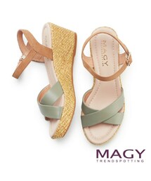 MAGY | 【MAGY】真皮交叉雙色編織楔型高跟 女 涼鞋(綠色)

(サンダル)