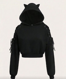 SHEIN | 猫耳フードのパーカー🐱肩からレースアップデザインになっていて可愛い😆💘(パーカー)