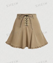 SHEIN | レースアップ、裾にフリルのベージュミニスカート🍀(スカート)
