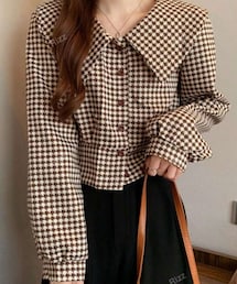 SHEIN | 茶色の千鳥格子柄のブラウス🤎短丈、ぽわん袖が良い👍生地厚めでシャツジャケットぽい😊(シャツ/ブラウス)