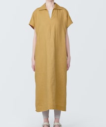 無印良品 | リネン洗いざらしスキッパーカラー半袖ワンピース　XL(ワンピース)