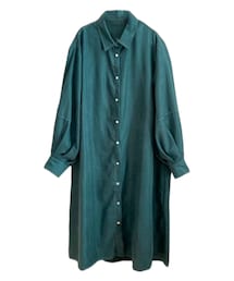 Hok trish | しまむら 配色ステッチランタン袖ワンピース 濃緑 527-6145(シャツワンピース)