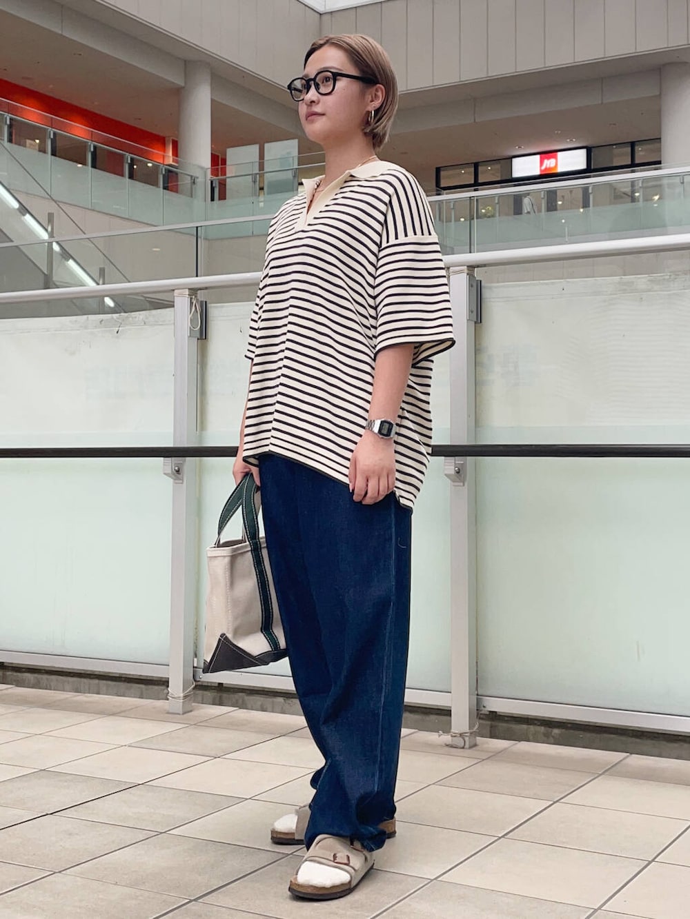 ホワイト系のニット/セーター、ブルー系のデニムパンツ、ホワイト系のトートバッグを着用したレディースの夏コーディネートの2枚目の写真