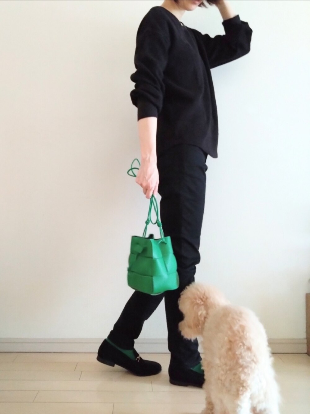 ブラック系のTシャツ/カットソー、ブラック系のパンツ、グリーン系のショルダーバッグを着用したレディースの秋コーディネートの3枚目の写真