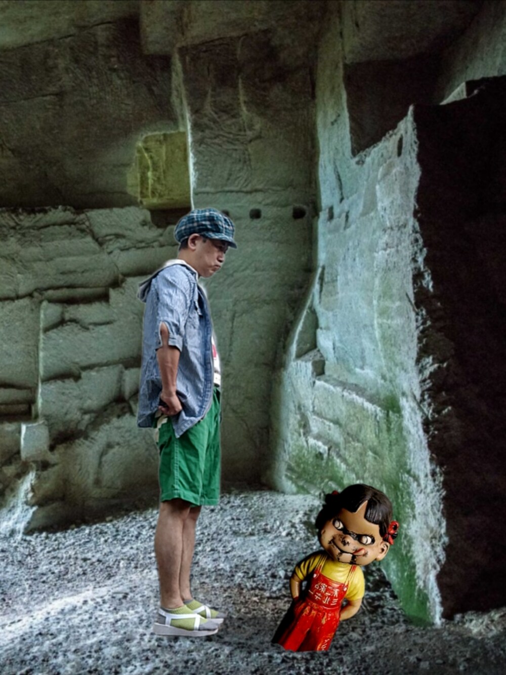 グリーン系のその他パンツ、ブルー系のマウンテンパーカー、ホワイト系のサンダルを着用したメンズの秋コーディネートの3枚目の写真