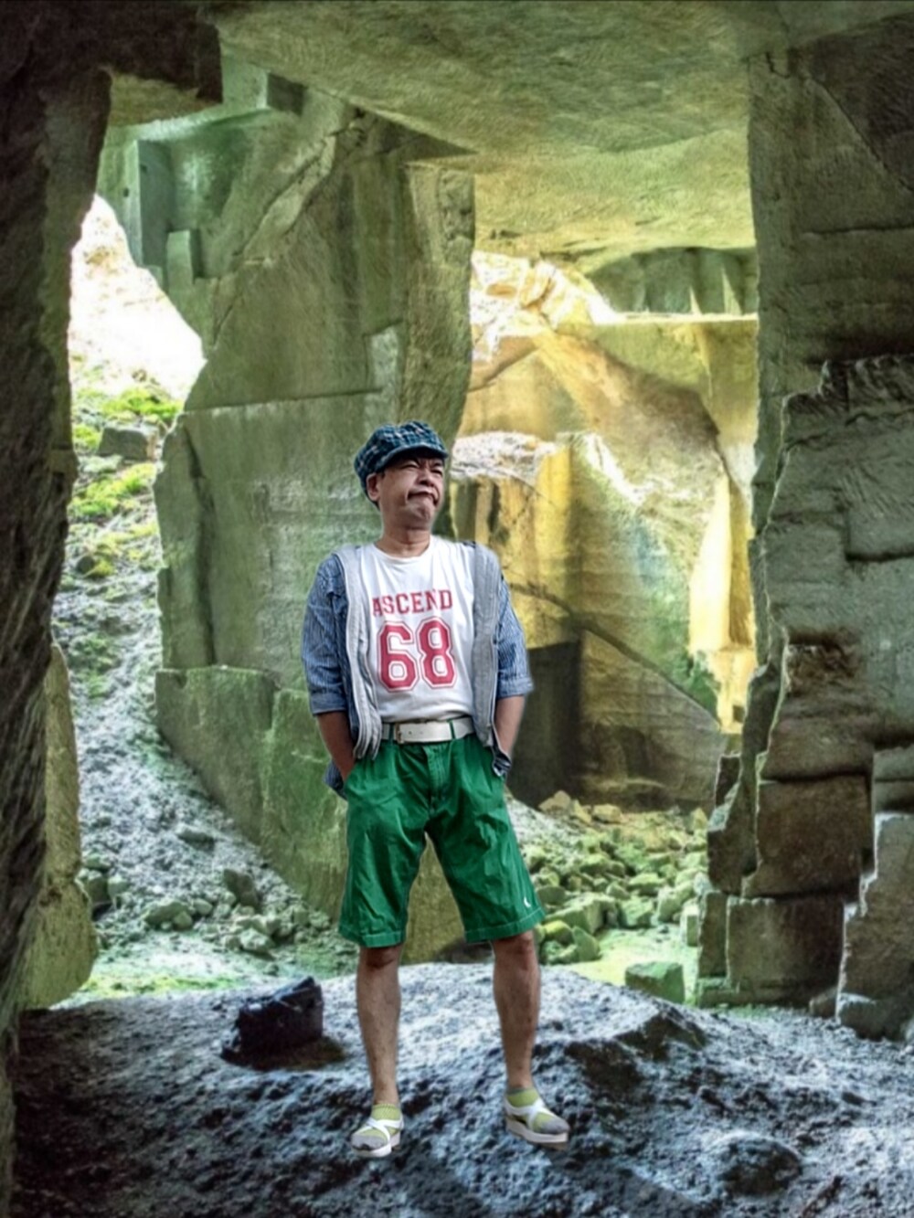 グリーン系のその他パンツ、ブルー系のマウンテンパーカー、ホワイト系のサンダルを着用したメンズの秋コーディネートの2枚目の写真