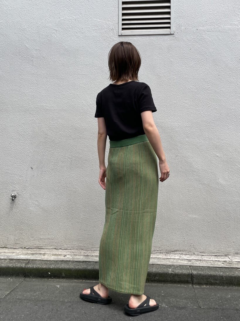 ブラック系のTシャツ/カットソー、グリーン系のスカートを着用したレディースの夏コーディネートの2枚目の写真