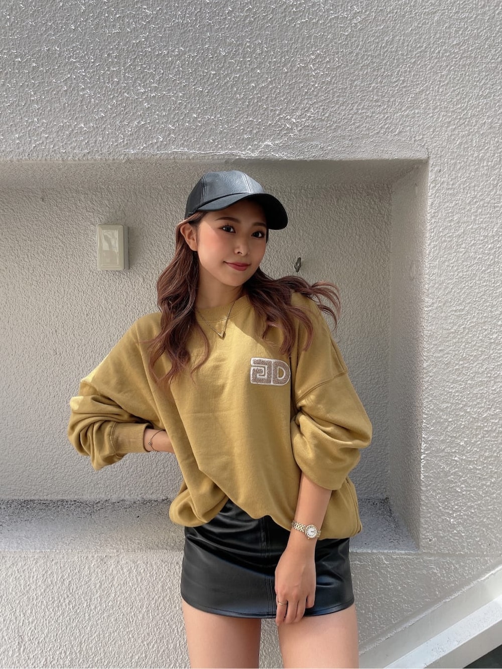 「GYDA、gydastaff、code、apparelstaff、fashion、ジェイダ、#gyda、選抜、158cmコーデ、選抜１、オーバーサイズ、プルオーバーカット、キャップ、トレーナー、スニーカー」｜「GYDAのニットドッキングインソールワークブーツ（ブーツ、ブラック系）」を使った、aikaさん（レディース・158cm）の秋コーディネートの7枚目の写真