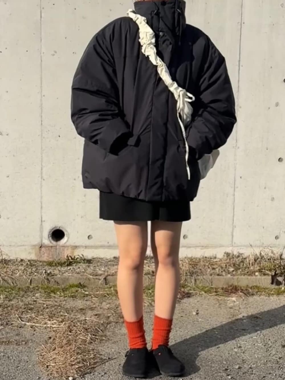 ブラック系のダウンジャケット/コート、ホワイト系のショルダーバッグ、ブラック系のその他パンツを着用したレディースの冬コーディネートの2枚目の写真