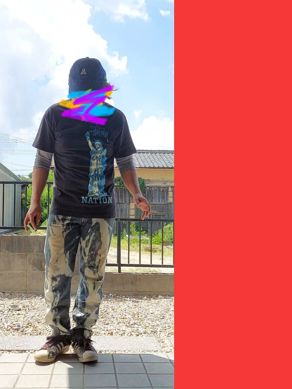 「90s、オールドステューシー、オーガスタ、七分袖、Sサイズ、🎙️Iggy Pop 🎵Lust For Life、superstar、金ベロ」｜「Championのアイテム（キャップ、ブルー系）」を使った、Neggyさん（メンズ・165cm）の夏コーディネートの3枚目の写真