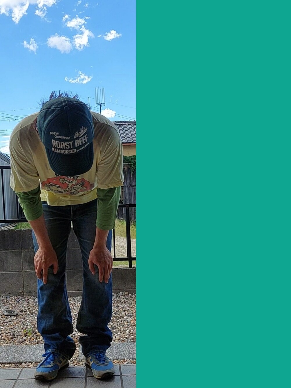 イエロー系のTシャツ/カットソー、グリーン系のTシャツ/カットソー、ブルー系のデニムパンツを着用したメンズの夏コーディネートの2枚目の写真