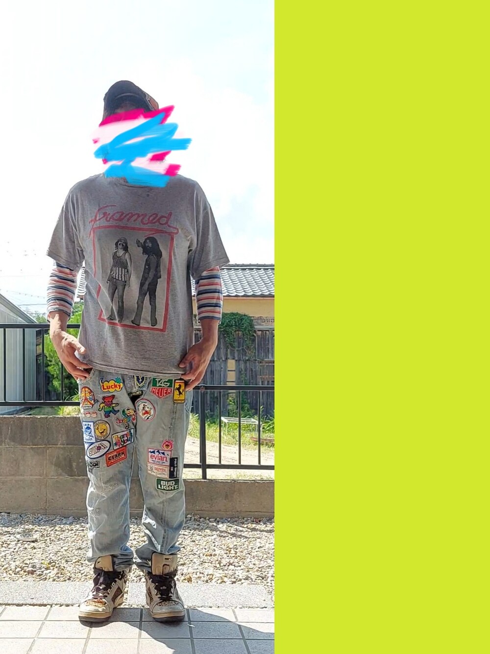「アシンメトリー、左右非対称、デニムパンツ、ワッペンパンツ、ワッペン、カスタム、ボーダー、チーチ&チョン、PUMAビースト、BEAST、🎙️RISE FROM THE DEAD🎵ヒゲヤング、重ね着」｜「【？】のアイテム（キャップ、ブラック系）」を使った、Neggyさん（メンズ・165cm）の夏コーディネートの3枚目の写真