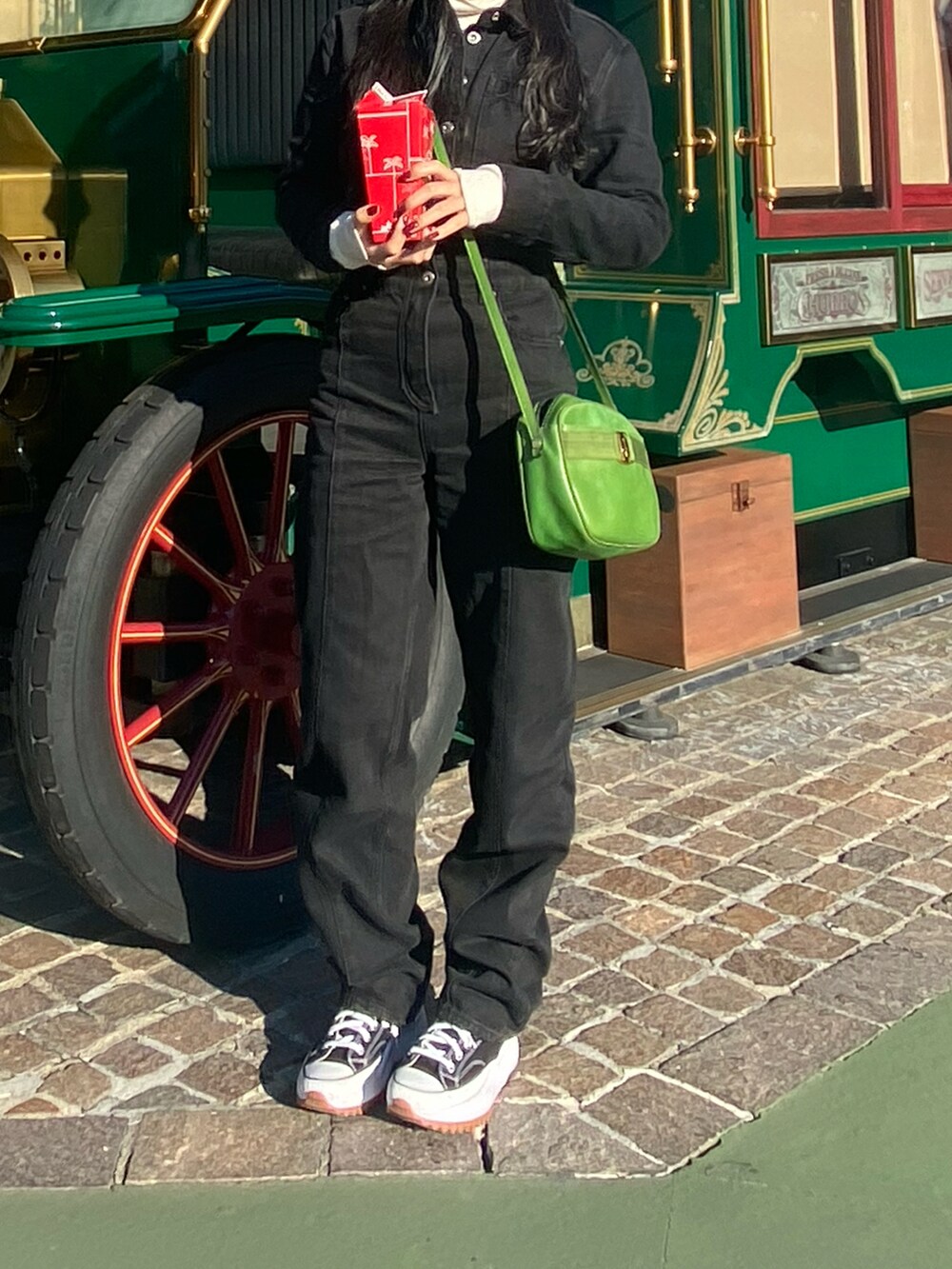 「クリスマスに着たい服、ootd、パンツスタイル、冬コーデ、ジャンプスーツ、ディズニーコーデ、クリスマス、チェック、スニーカー、ディズニー」｜「ZARAのアイテム（つなぎ/オールインワン、ブラック系）」を使った、Naさん（レディース・163cm）の冬コーディネートの2枚目の写真