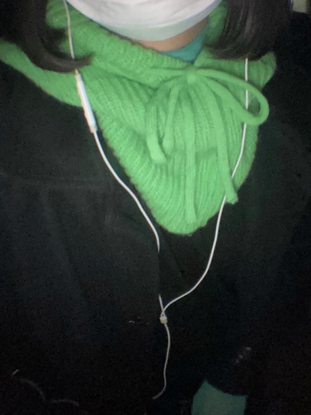 グリーン系のTシャツ/カットソー、グリーン系のネックウォーマー/スヌードを着用したレディースの春コーディネートの2枚目の写真