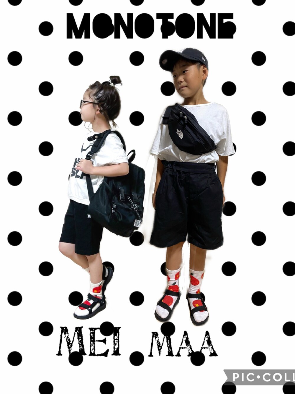 ブラック系のサンダル、ホワイト系のTシャツ/カットソー、ブラック系のボディバッグ/ウエストポーチを着用したキッズの夏コーディネートの4枚目の写真