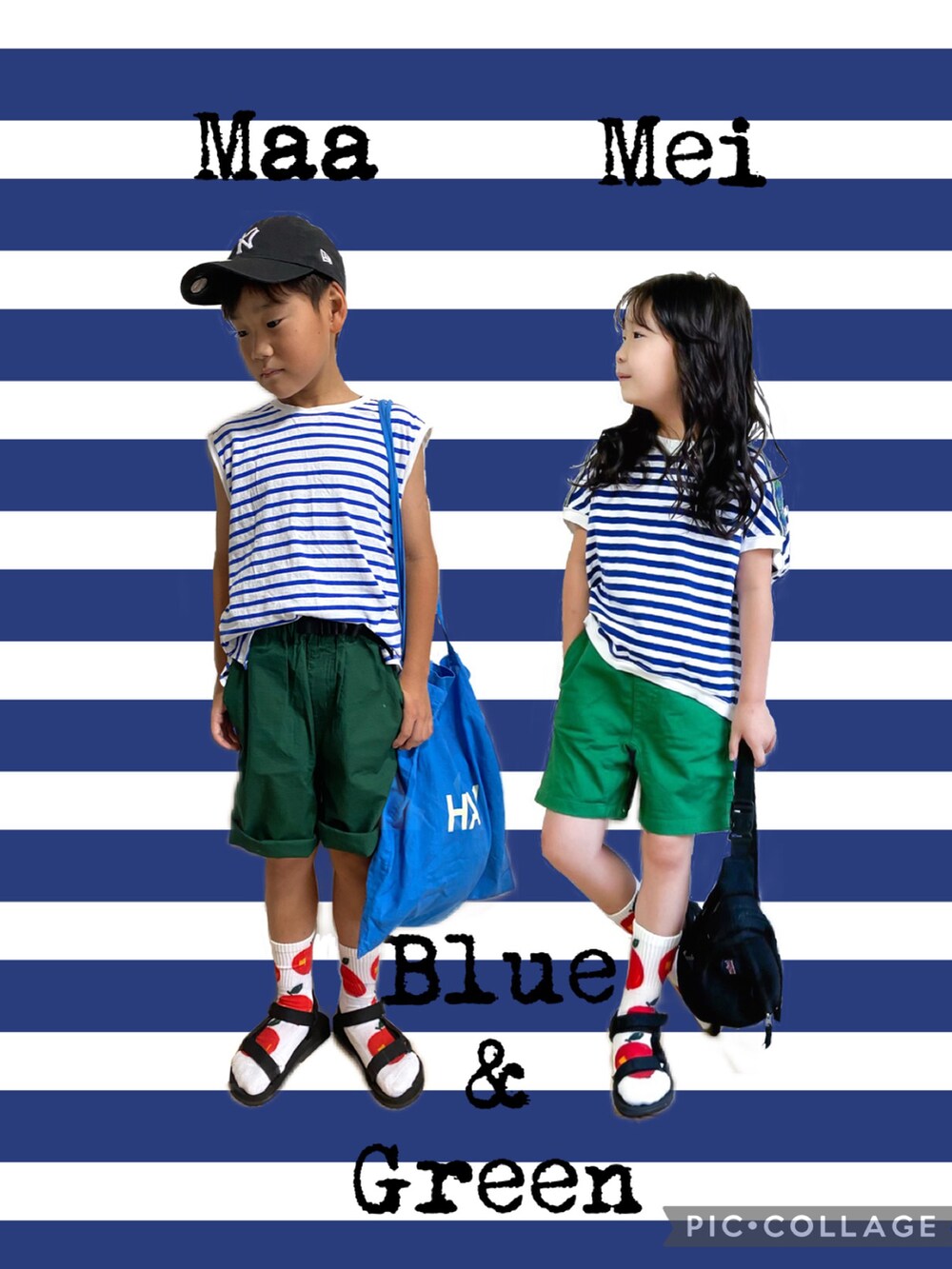 ブルー系のTシャツ/カットソー、ブルー系のトートバッグ、ブラック系のサンダルを着用したキッズの夏コーディネートの4枚目の写真