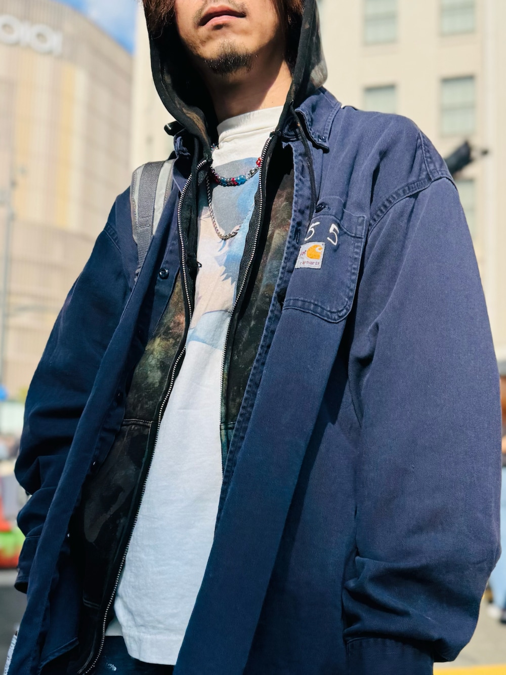「最近のいい感じコーデ、carhartt、GU、リメイク」｜「GUのアイテム（カーゴパンツ、ブルー系）」を使った、ちゃんまつ:Reさん（メンズ・166cm）の春コーディネートの5枚目の写真