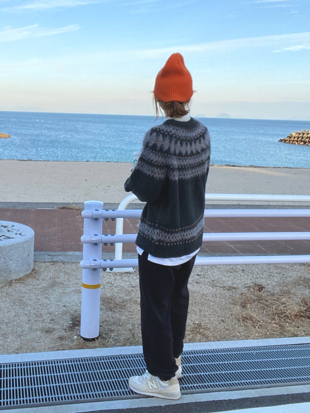 ブラック系のニット/セーター、ホワイト系のスニーカー、オレンジ系のニットキャップ/ビーニーを着用したレディースの冬コーディネートの2枚目の写真