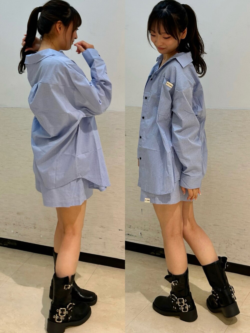 ブラック系のブーツ、ブルー系のシャツ/ブラウスを着用したレディースの秋コーディネートの2枚目の写真