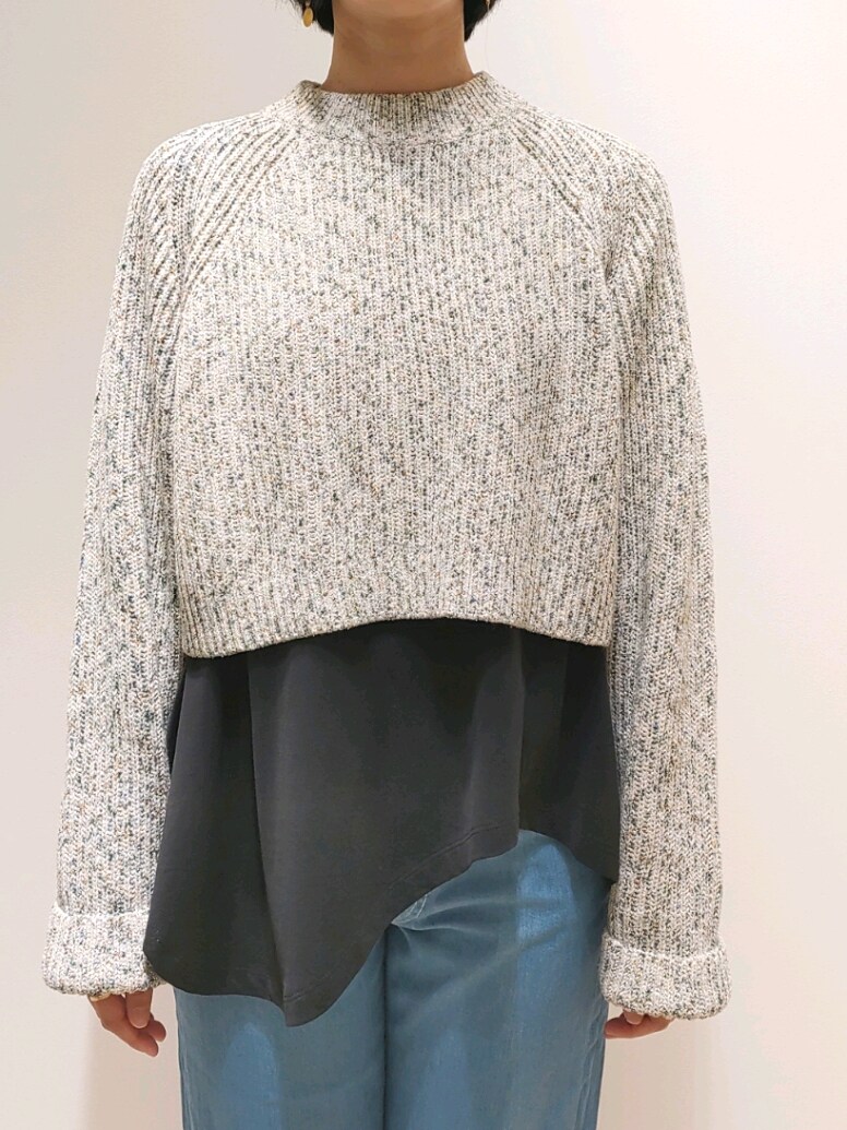 ホワイト系のニット/セーター、ブラック系のTシャツ/カットソー、ブルー系のデニムパンツを着用したレディースの秋コーディネートの2枚目の写真