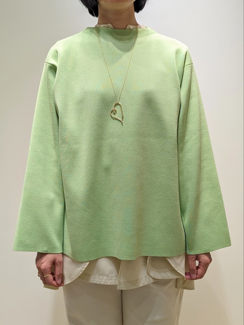 イエロー系のシャツ/ブラウス、ホワイト系のデニムパンツ、グリーン系のニット/セーターを着用したレディースの春コーディネートの2枚目の写真