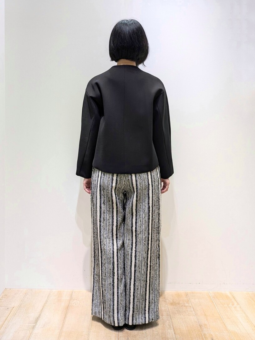 ブラック系のその他パンツ、ブラック系のノーカラージャケットを着用したレディースの秋コーディネートの3枚目の写真